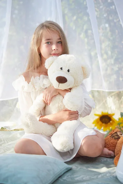 Little Girl White Chiffon Tent Toy Childhood Tenderness Beauty — Stock Photo, Image