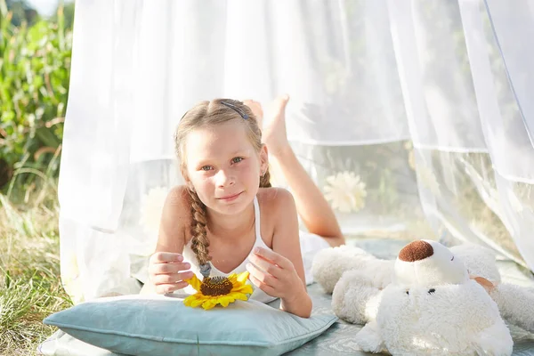 Little Girl White Chiffon Tent Toy Childhood Tenderness Beauty — Stock Photo, Image