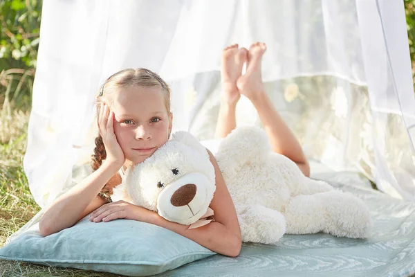 Little Girl White Chiffon Tent Toy Childhood Tenderness Beauty — Stock Photo, Image