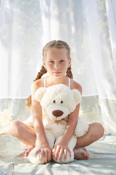 Little Girl White Chiffon Tent Toy Childhood Tenderness Beauty — Stock Photo, Image