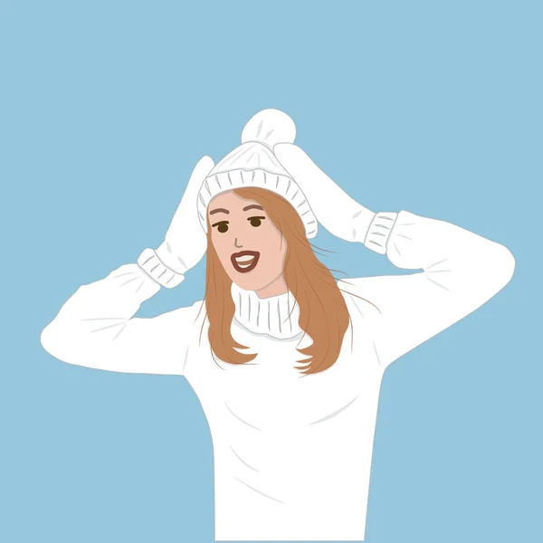 Beyaz Örgü Şapkalı Kazaklı Eldivenli Bir Kız Soğuk Kış Tatili — Stok Vektör