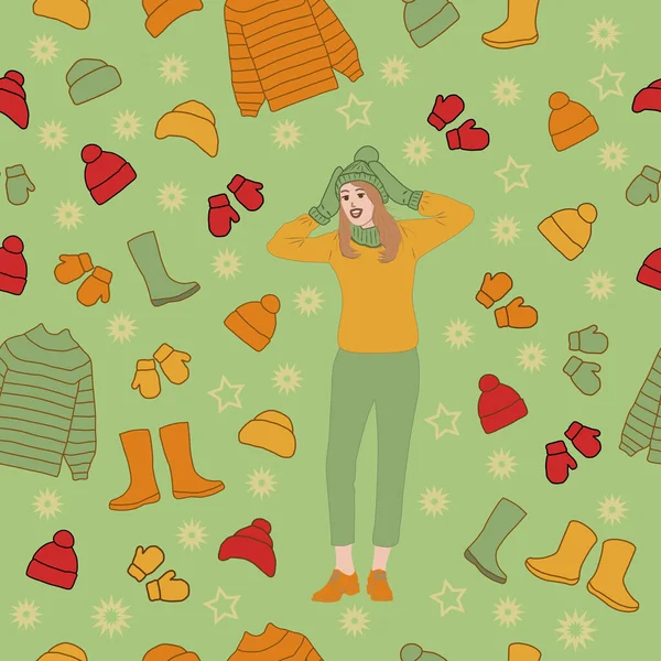 Девушка Восторге Разнообразия Осенне Зимней Одежды Бесшовный Рисунок Векторная Иллюстрация — стоковый вектор