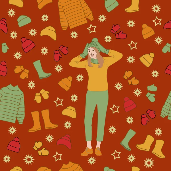 Девушка Восторге Разнообразия Осенне Зимней Одежды Бесшовный Рисунок Векторная Иллюстрация — стоковый вектор