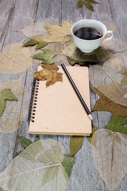 kuru yapraklarla çevrili ahşap masa üzerinde kahve ve dizüstü bilgisayar