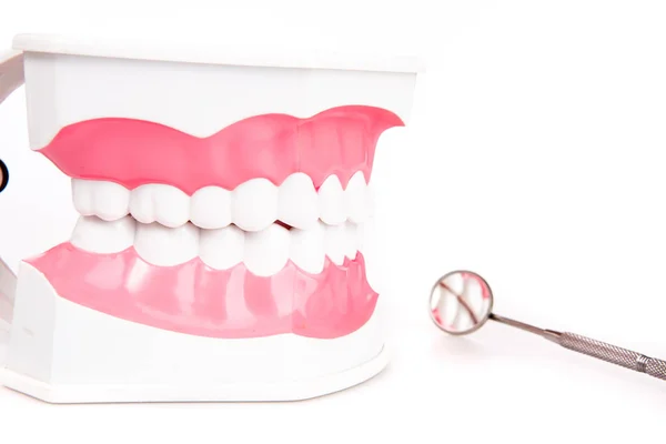 Dentes brancos e instrumentos dentários sobre fundo branco — Fotografia de Stock