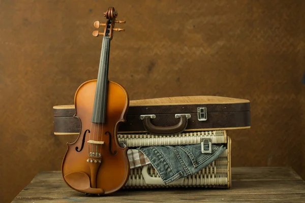 Roční housle a kufřík se starým ocelovým pozadím — Stock fotografie
