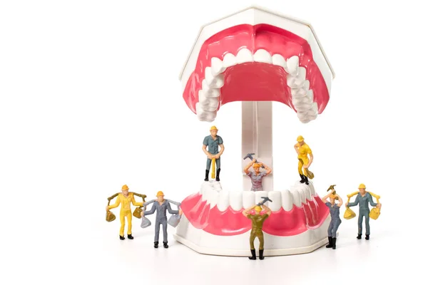 Miniature people clean tooth model,dental care concept — Stock Photo, Image