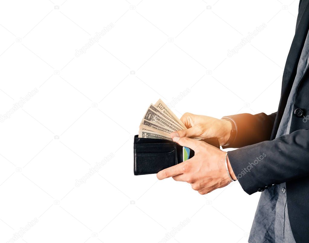 man hands opening wallet and show dollar banknote