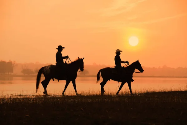 Cowboy Cavalo Com Fundo Por Sol — Fotografia de Stock