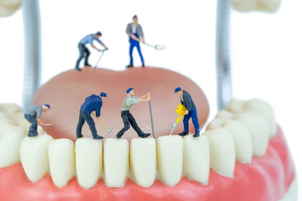 Pessoas em miniatura e objeto modelo dental, conceito de atendimento odontológico — Fotografia de Stock