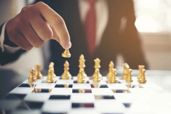 Close Businessman Hand Playing Chess Game Business Teamwork Concept — Stock Photo, Image