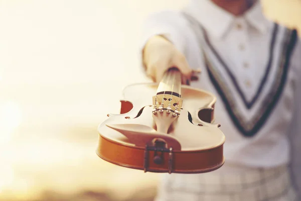 夕焼けの背景を持つバイオリンを持つ女性 — ストック写真