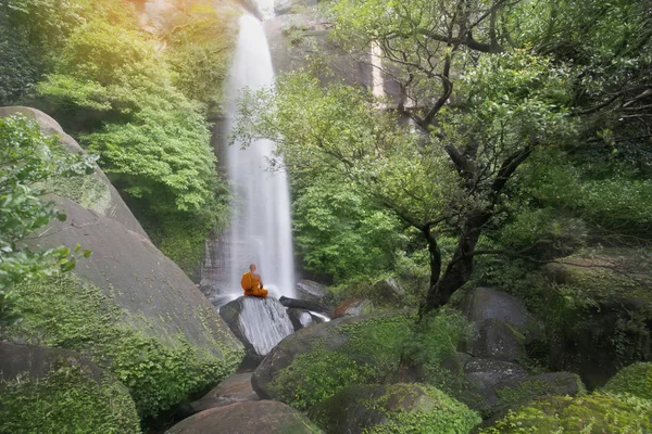 Buddha monk practice meditation at beautiful waterfall