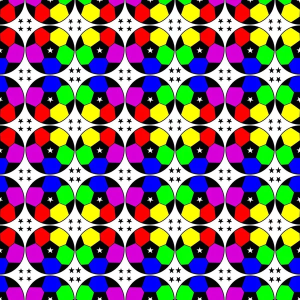 Seamless pattern with a soccer ball and five-pointed stars in a bright rainbow colors.