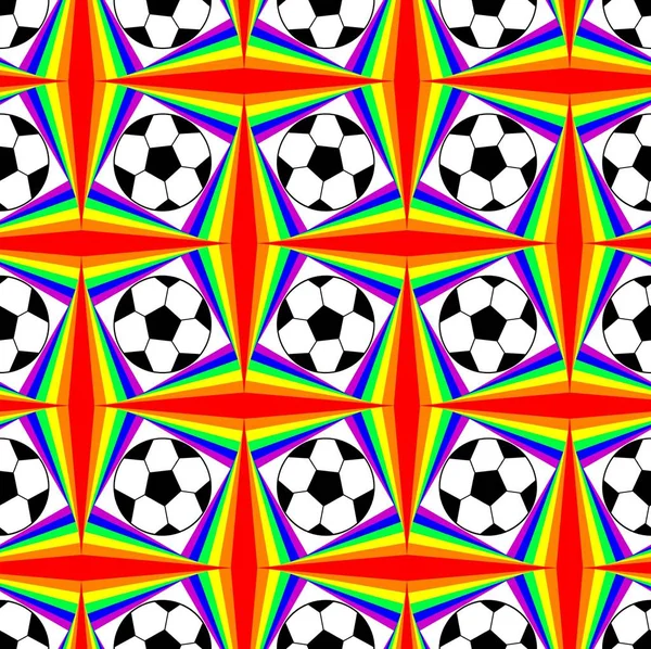 在明亮的彩虹颜色与足球的无缝模式 — 图库照片#