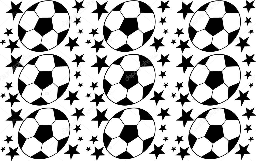 Seamless pattern with a soccer balls and five-pointed stars in a black - white colors. 