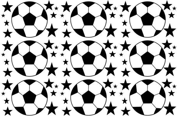 Seamless pattern with a soccer balls and five-pointed stars in a black  - white colors.