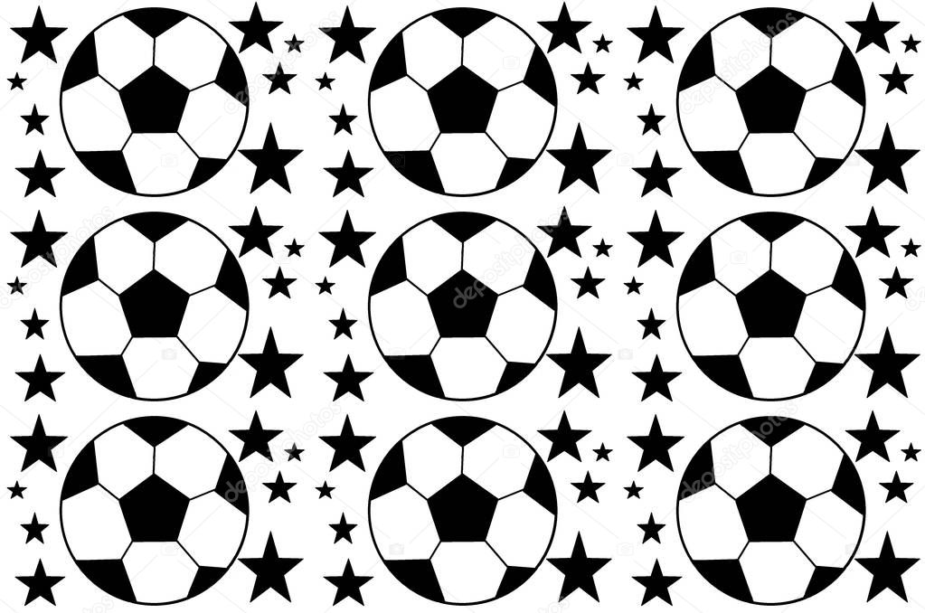 Seamless pattern with a soccer balls and five-pointed stars in a black  - white colors. 
