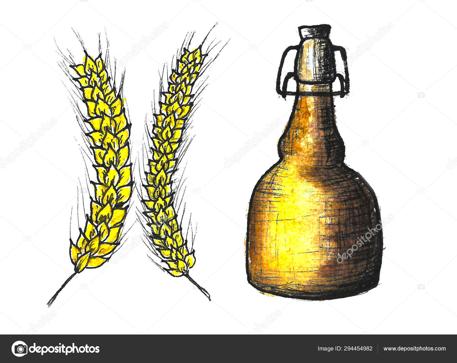 Download Beautiful Stylized Picture Yellow Wheat And Beer Bottle Watercolor Drawing Stock Photo C Alarina Art 294454982 Yellowimages Mockups