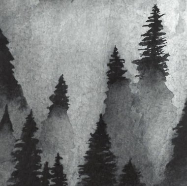 Sis suluboya arka planda siyah gri orman. çam ormanı ve ışık ışınları ile hava manzara