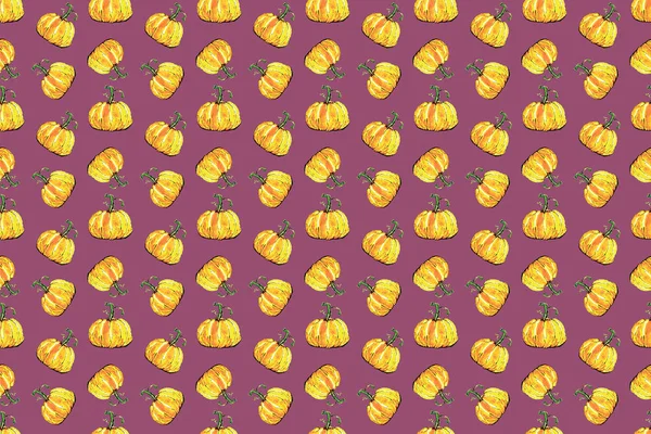 Helloween pomarańczowy wzór dyni na fioletowym tle. akwarela mozaika streszczenie — Zdjęcie stockowe