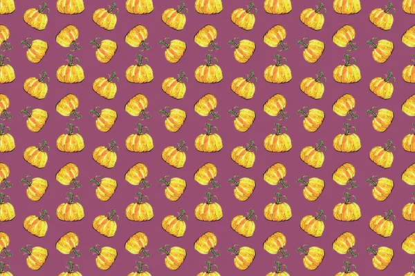 Padrão de abóbora laranja Helloween no fundo roxo. resumo aquarela mosaico — Fotografia de Stock