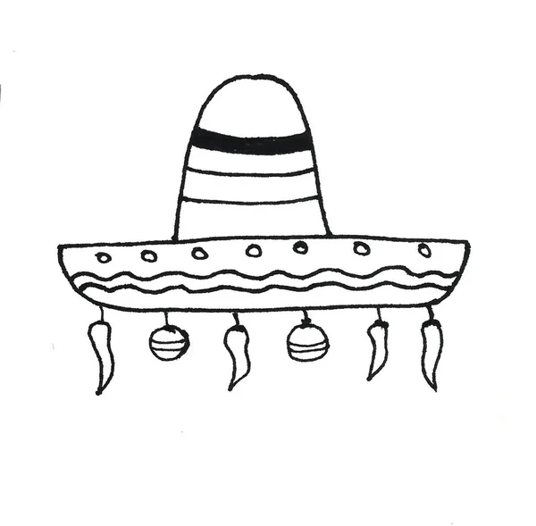 Mexikói újév Sombrero a chili paprika és a karácsonyi labdák grafika fekete-fehér — Stock Fotó