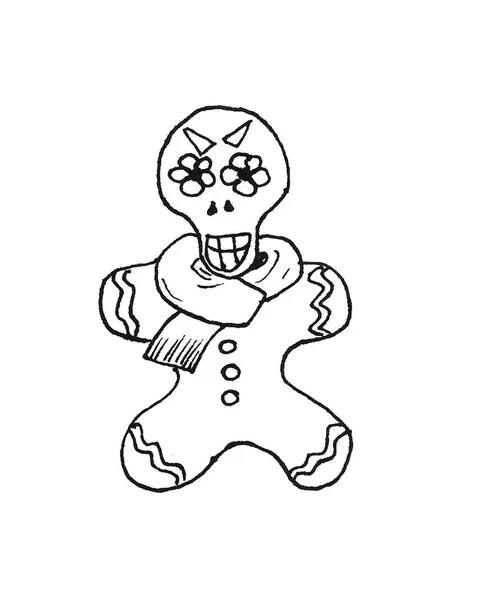 Christmas gingerbread man with Mexican face mask of the dead graphics black and white illustration — Stock Photo, Image