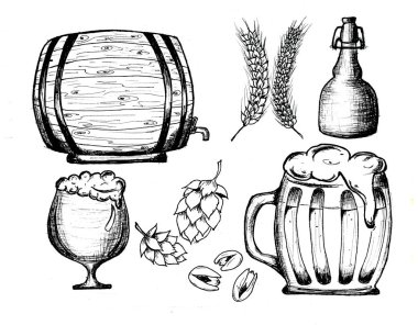 Octoberfest konular siyah beyaz set desen. Bira. Bar tarzı. Ekimfest konuları ile modern karikatür seti.