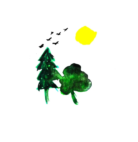 Зеленые деревья, солнце и птицы на винтажном гранж фоне акварели — стоковое фото