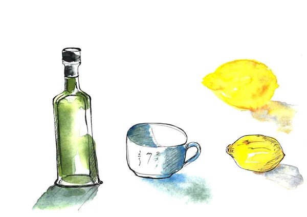 수채화 일러스트 밝은 쾌활 한 녹색 스케치 병 화이트 컵/옐로우 레몬 — 스톡 사진