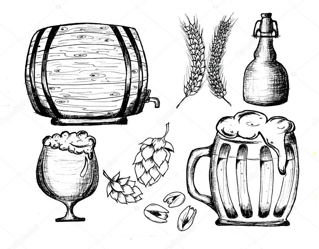 Octoberfest subjects black white set pattern. Beer. Bar style. Modern cartoon set with octoberfest subjects.