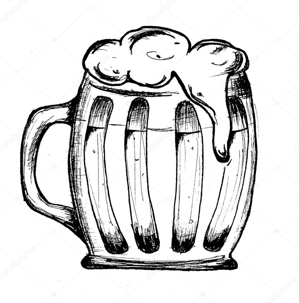 Octoberfest subjects black white illustration. Beer. Bar style. Modern cartoon mug with octoberfest subjects.
