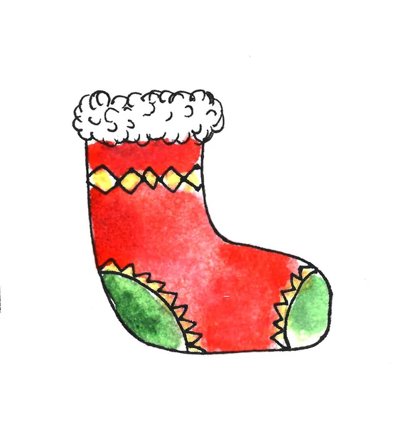 Christmas red green sock for gifts from Santa watercolor illustration — Stock Photo, Image