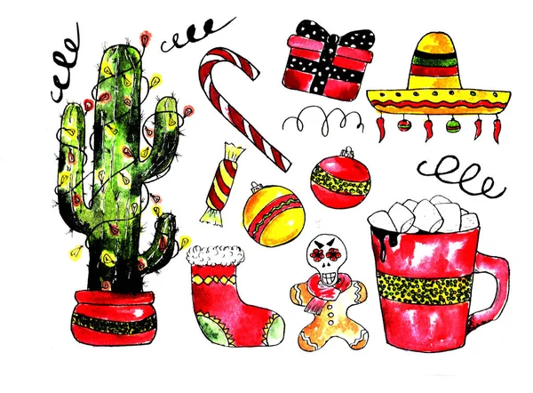Mexikói karácsonyi tárgyakat grafikus akvarell meg. Ünnepi díszítőelemek. — Stock Fotó