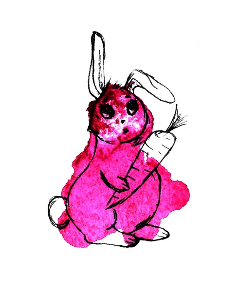 Kaninen med en morot elefant grafik på akvarell spot. Barnens teckning. Abstrakt illustration. — Stockfoto