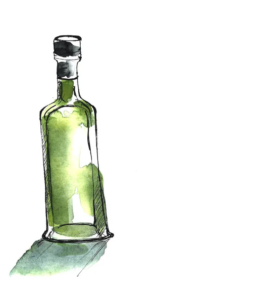 Potion toxique verte dans une petite bouteille en verre avec liège et étiquette en papier avec illustration d'aquarelle isolée Halloween — Photo