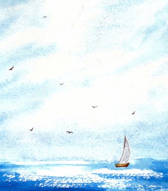 Yat suluboya illüstrasyon ile beyaz bulutlar siyah martılar ve mavi deniz ile güzel mavi gökyüzü