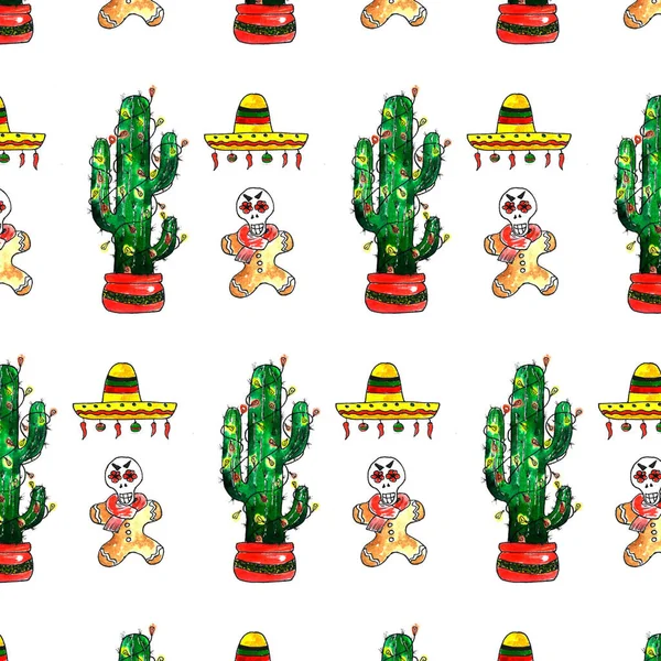 Aquarel Merry Christmas objecten patroon. Mexicaans nieuwjaar. Dia de los Muertos. Handgetekende naadloze textuur — Stockfoto