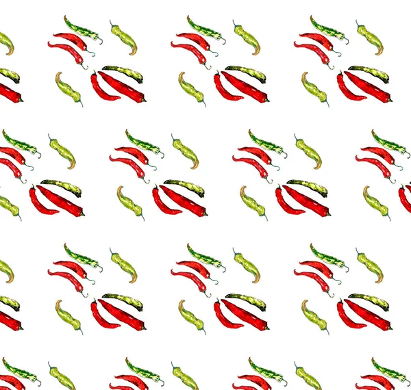 Aquarel kleurrijke groenten set rode hete chili pepers, capsaïcine closeup geïsoleerd op witte achtergrond patroon — Stockfoto