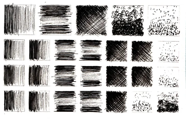 Set squares of Sketched Handwritten Black Pencil Doodle Rectangle Textures. — Stock Photo, Image
