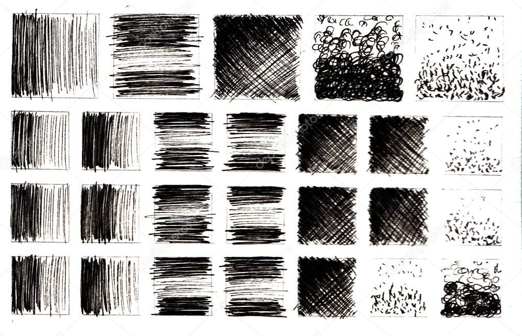 Set squares of Sketched Handwritten Black Pencil Doodle Rectangle Textures.