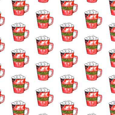 Marshmallow suluboya resimli kırmızı Noel kupası.