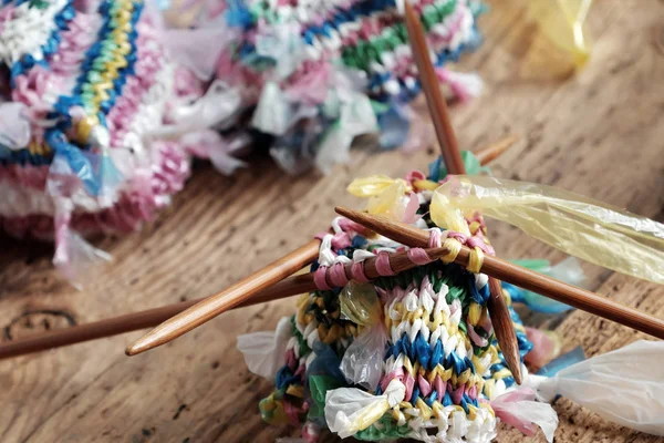 Cut Nylon Bag Yarn Knit Basket Good Idea Recycle Nylon — Stock Photo, Image