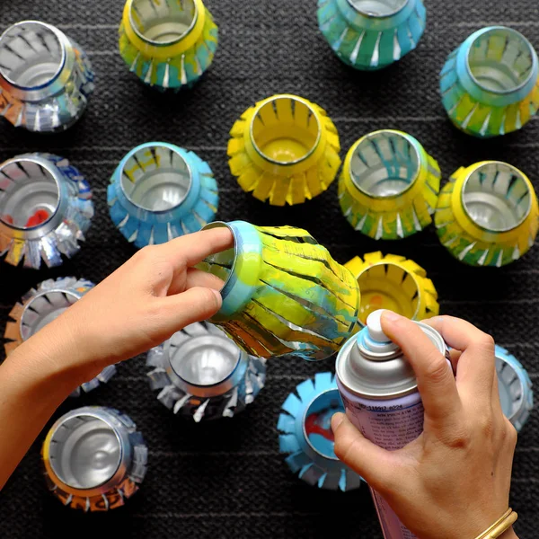 Woman Hand Recycling Cans Beer Cut Spray Paint Make Lantern — Stock Photo, Image