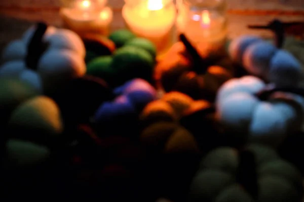 Beautiful Colorful Background Three Candles Group Multicolor Pumpkin Blur Background — Stock Photo, Image