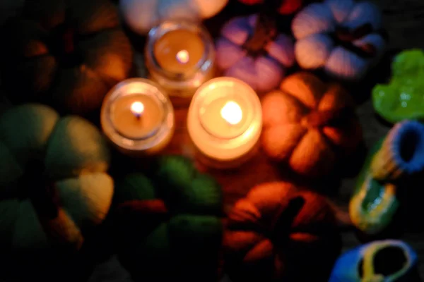 Beautiful Colorful Background Three Candles Group Multicolor Pumpkin Blur Background — Stock Photo, Image