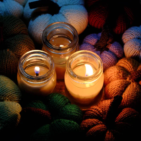 Beautiful Knitted Pumpkin Yarn Three Candles Night Candle Light Make — Stock Photo, Image