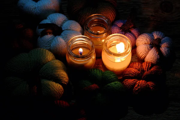 Beautiful Knitted Pumpkin Yarn Three Candles Night Candle Light Make — Stock Photo, Image