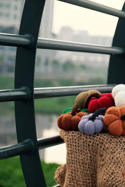 Skupina Barevné Dýně Ornament Pleteme Příze Venkovních Stolků Zeleným Pozadím — Stock fotografie